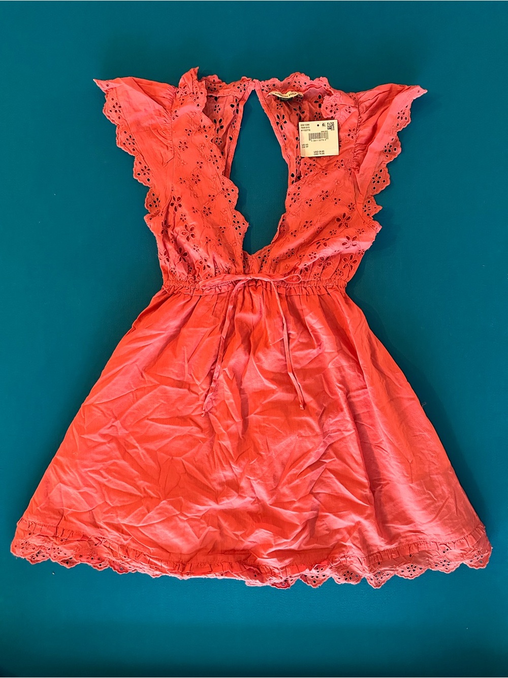 American Eagle Outfitters Coral Eyelet V-Neck Sundress